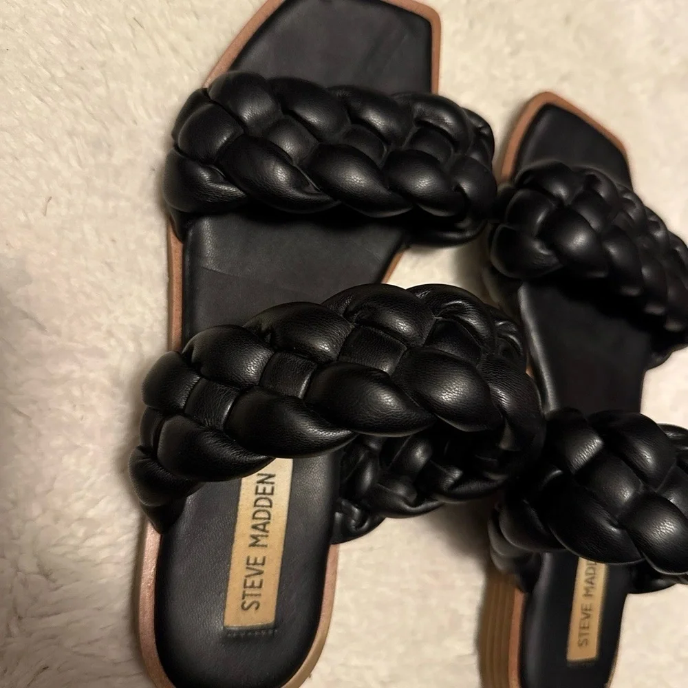 STEVE MADDEN Womens Size 7.5 Black‎ Braided Square Toe Double Straps Casual Chic